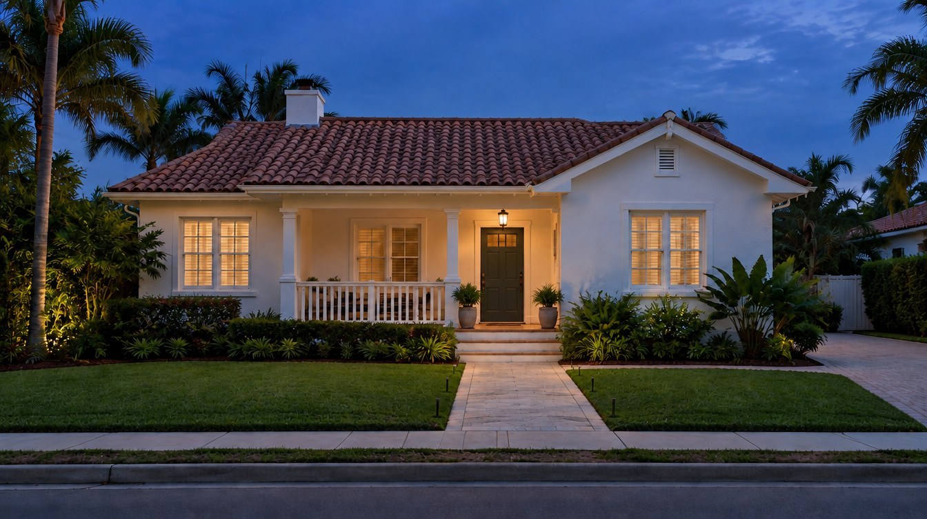 Before lighting design — Coconut Grove AI-created before Christmas lighting design concept: same South Florida home, Coconut Grove lighting inspiration from Mr. Christmas Lights