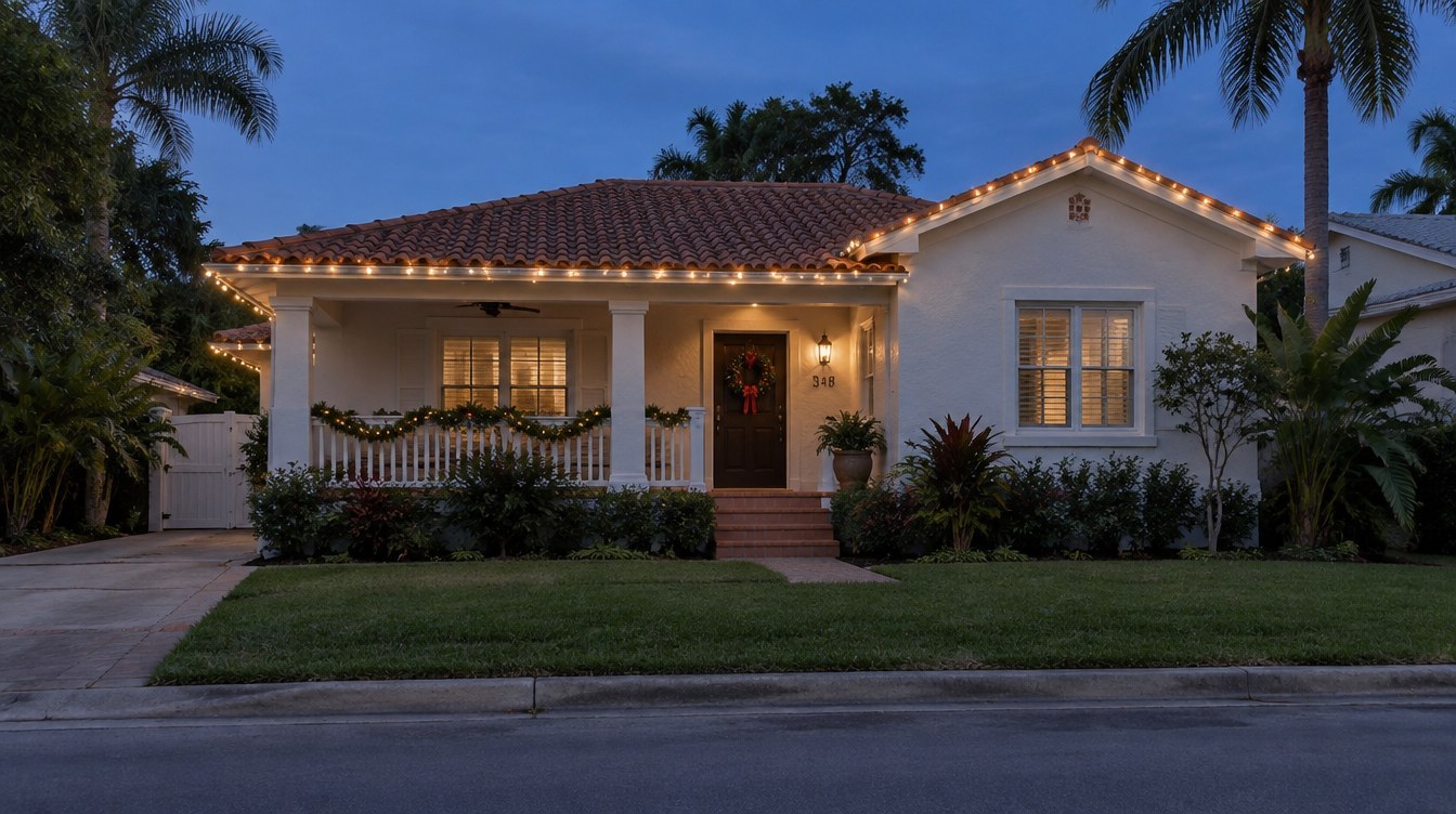 A welcoming front porch AI-created design concept of a South Florida a welcoming front porch with restrained warm white Christmas lights; lighting inspiration for Coconut Grove, Florida, by Mr. Christmas Lights