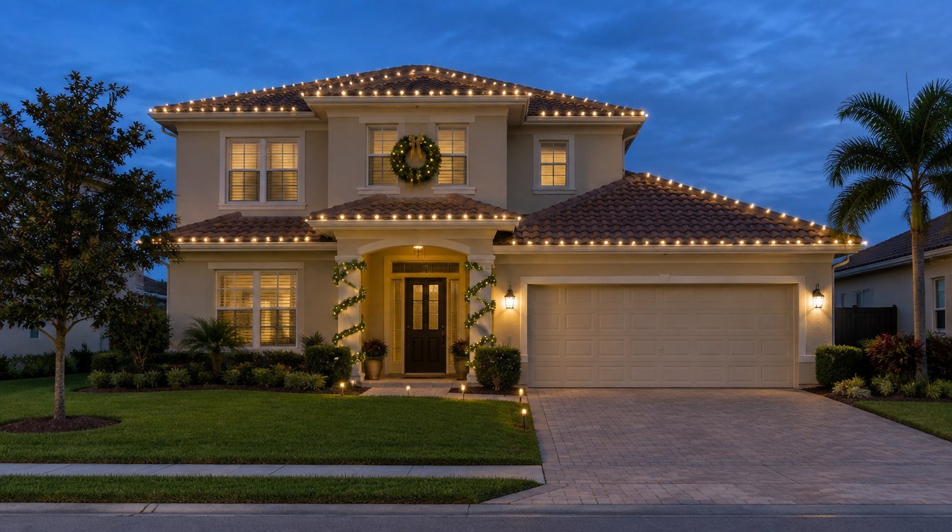 After lighting design — Kendall AI-created after Christmas lighting design concept: same South Florida home, Kendall lighting inspiration from Mr. Christmas Lights