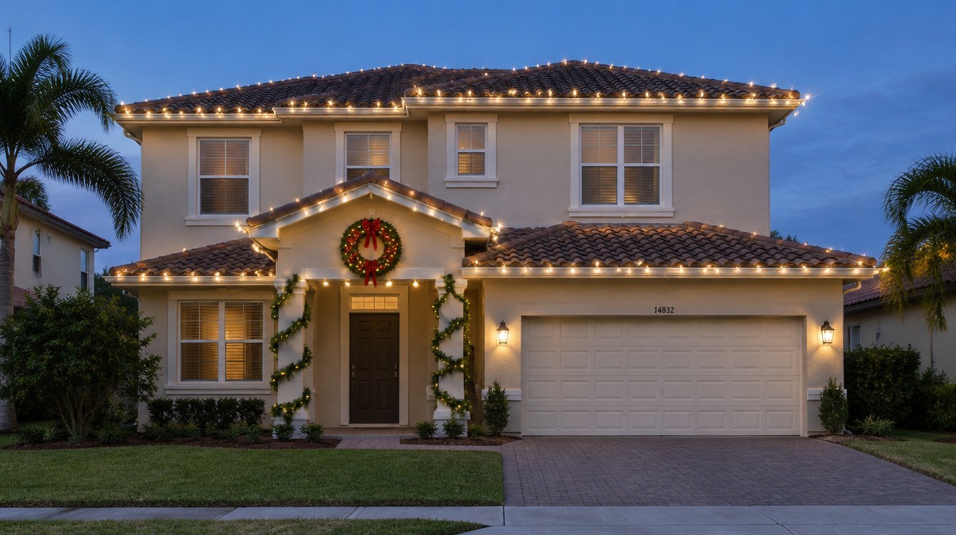 Warm white family home AI-created design concept of a South Florida warm white family home with restrained warm white Christmas lights; lighting inspiration for Kendall, Florida, by Mr. Christmas Lights