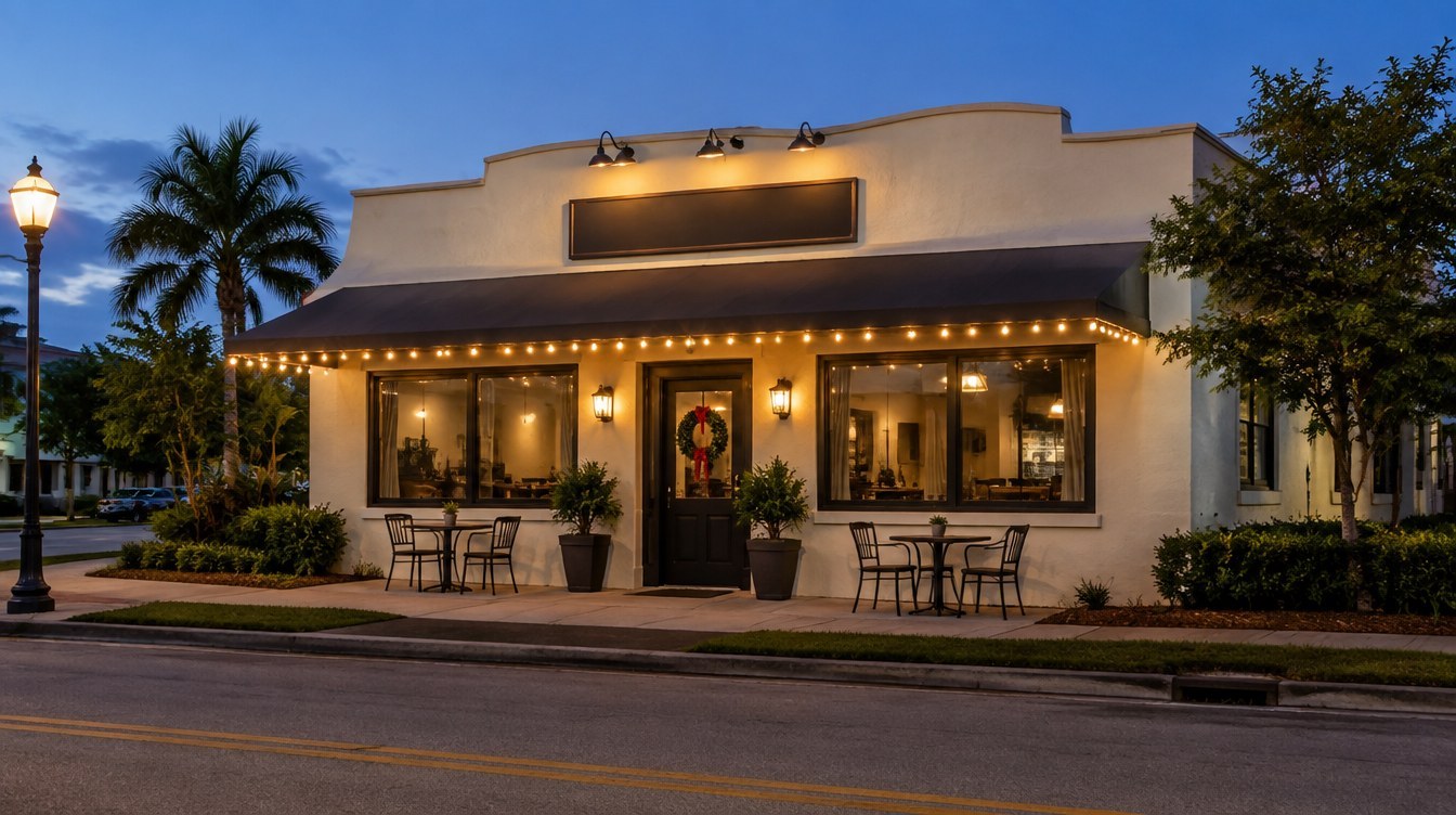 A warm welcome for customers AI-created design concept of a South Florida storefront entrance with restrained warm white Christmas lights; lighting inspiration for Miami, Florida, by Mr. Christmas Lights