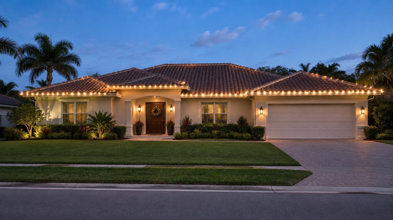 Understated ranch-home lighting AI-created design concept of a South Florida understated ranch-home lighting with restrained warm white Christmas lights; lighting inspiration for Palmetto Bay, Florida, by Mr. Christmas Lights