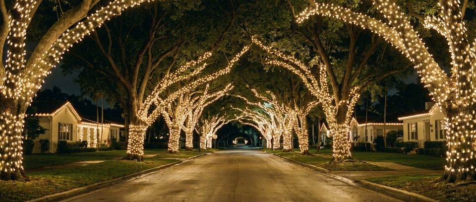 Banyan tree tunnel, Coral Way, Miami: warm white Christmas lighting idea for Coral Way, FL from Mr. Christmas Lights, (786) 228-6649