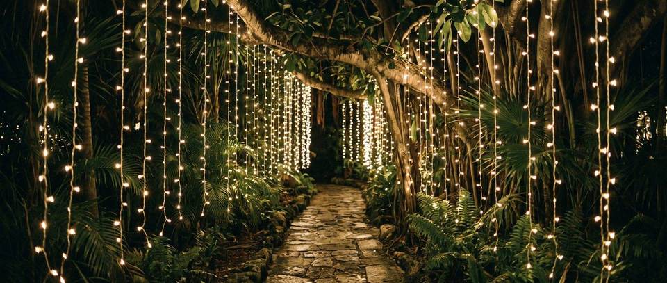 Spanish Moss lighting over a garden path, Coconut Grove: warm white Christmas lighting idea for Coconut Grove, FL from Mr. Christmas Lights, (786) 228-6649