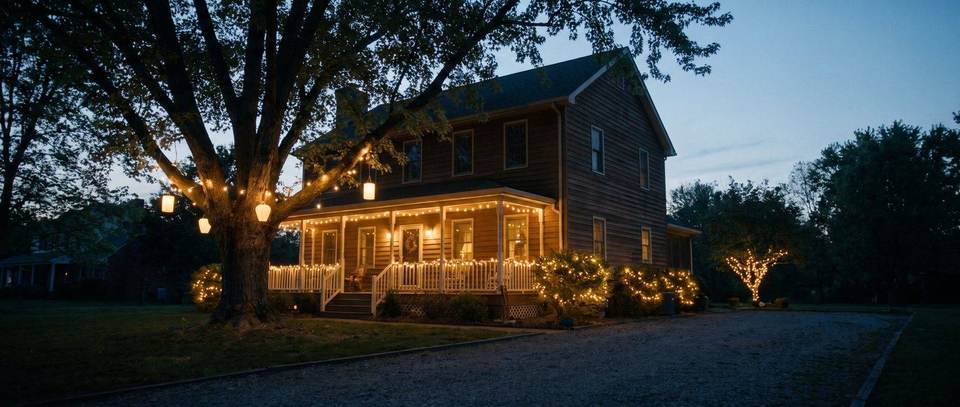 Home under an oak canopy, Palmetto Bay: warm white Christmas lighting idea for Palmetto Bay, FL from Mr. Christmas Lights, (786) 228-6649