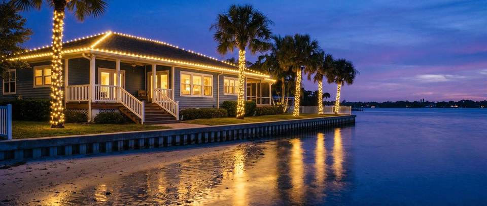 Island villa, Miami Beach: warm white Christmas lighting idea for Miami Beach, FL from Mr. Christmas Lights, (786) 228-6649