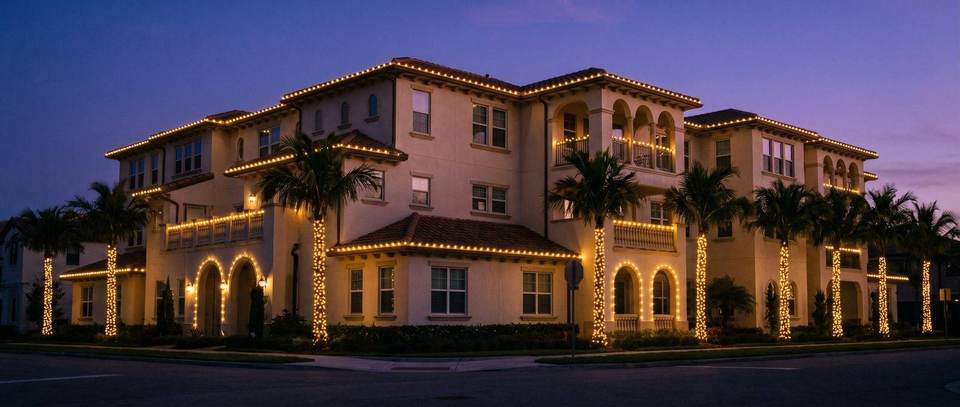 Modern home outline, Doral: warm white Christmas lighting idea for Doral, FL from Mr. Christmas Lights, (786) 228-6649