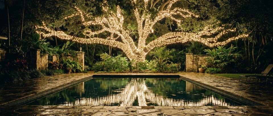 Oak canopy over a pool, Pinecrest: warm white Christmas lighting idea for Pinecrest, FL from Mr. Christmas Lights, (786) 228-6649