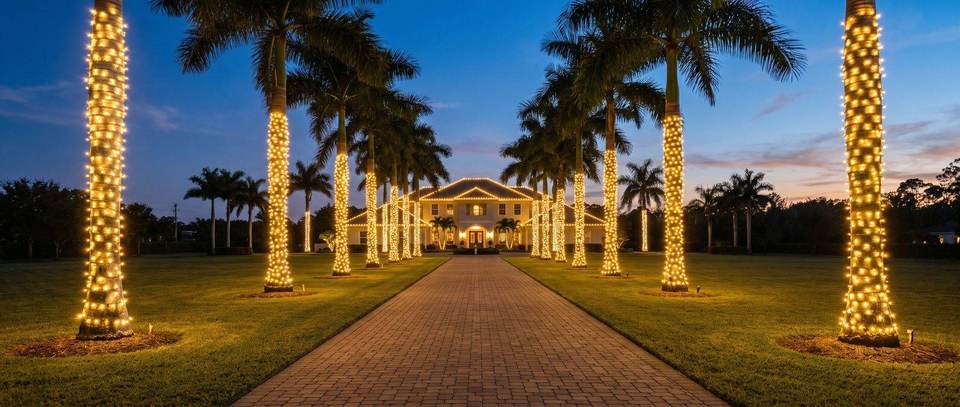 Palm-lined driveway, Pinecrest estate Palm-lined driveway, Pinecrest estate: warm white Christmas lighting idea for Pinecrest, FL from Mr. Christmas Lights, (786) 228-6649