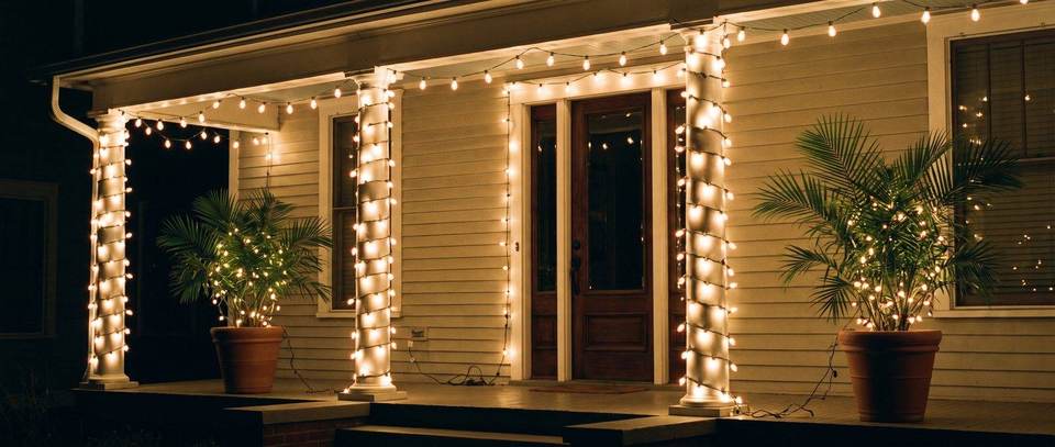 Porch columns and eave, Palmetto Bay: warm white Christmas lighting idea for Palmetto Bay, FL from Mr. Christmas Lights, (786) 228-6649