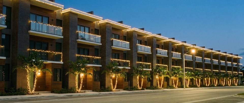 Townhome rooflines, Brickell, Miami: warm white Christmas lighting idea for Brickell, FL from Mr. Christmas Lights, (786) 228-6649