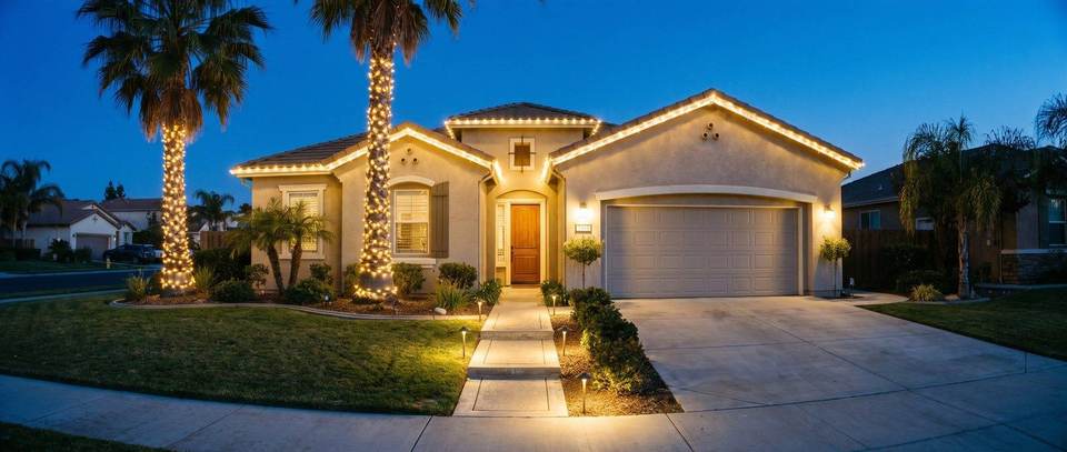 Two-story family home, Kendall: warm white Christmas lighting idea for Kendall, FL from Mr. Christmas Lights, (786) 228-6649