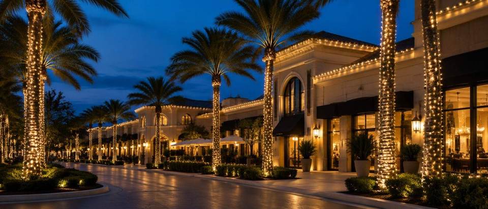 Commercial Christmas lights, Miami business Commercial Christmas light installation for a Miami business plaza, warm white palm wraps and rooflines by Mr. Christmas Lights