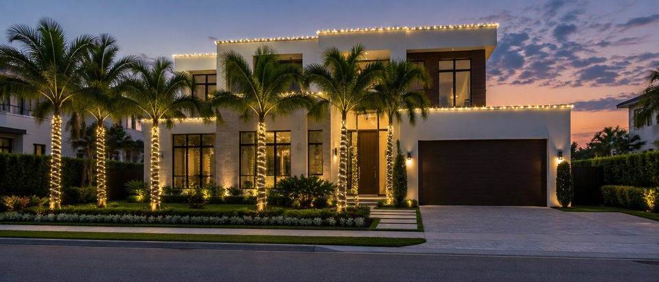 Modern home Christmas lights, Doral Modern Doral, Miami home with straight warm white roofline and palm tree Christmas lights by Mr. Christmas Lights