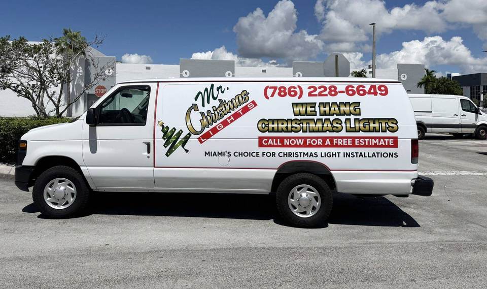 Mr. Christmas Lights van, (786) 228-6649 Mr. Christmas Lights service van, We Hang Christmas Lights, call (786) 228-6649 for a free estimate in Miami