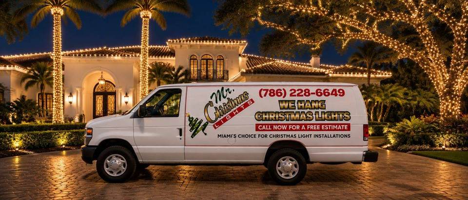 Mr. Christmas Lights van at a lit Coral Gables home Mr. Christmas Lights van parked at a Coral Gables, Miami home with warm white roofline and palm tree Christmas lights