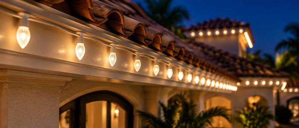 Roofline Christmas lights, Coral Gables Straight warm white roofline Christmas lights on a barrel tile roof in Coral Gables, Miami by Mr. Christmas Lights